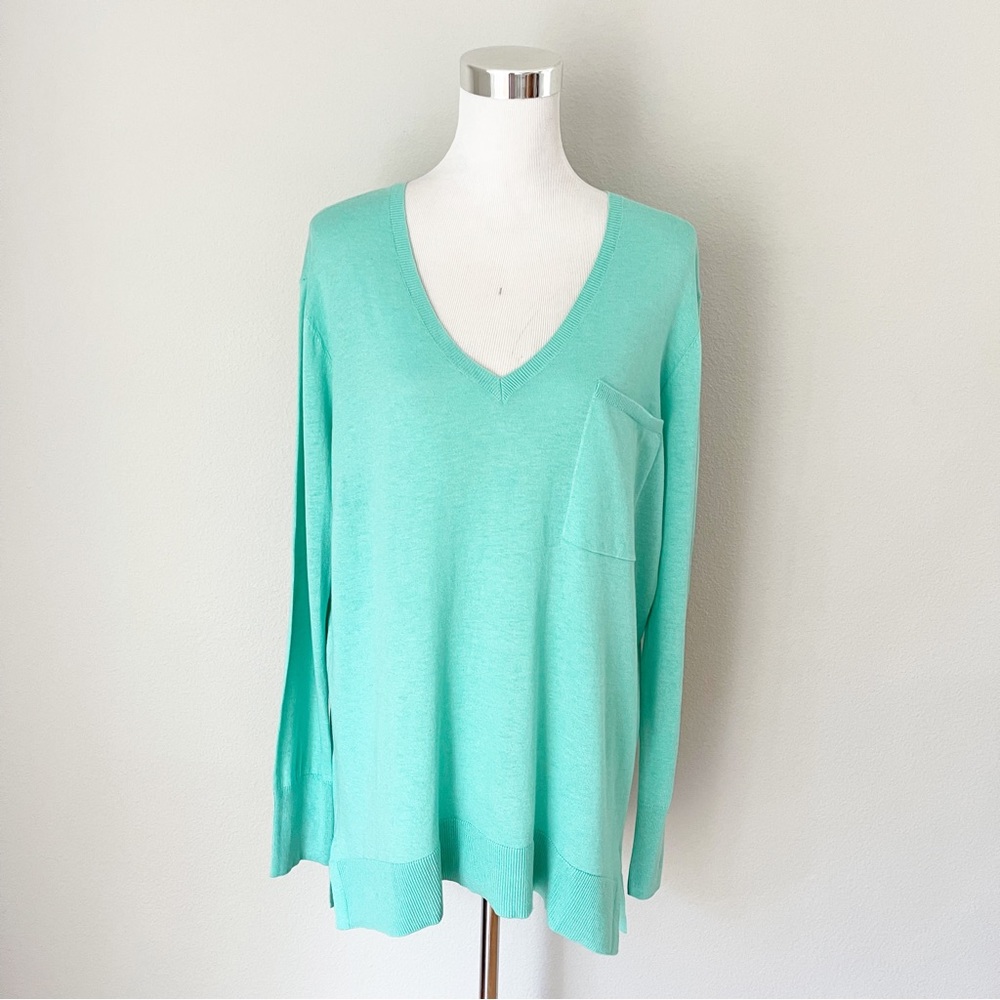 Caslon Cotton/Modal Teal Ripple Back Zip V-Neck Thin Sweater Large
